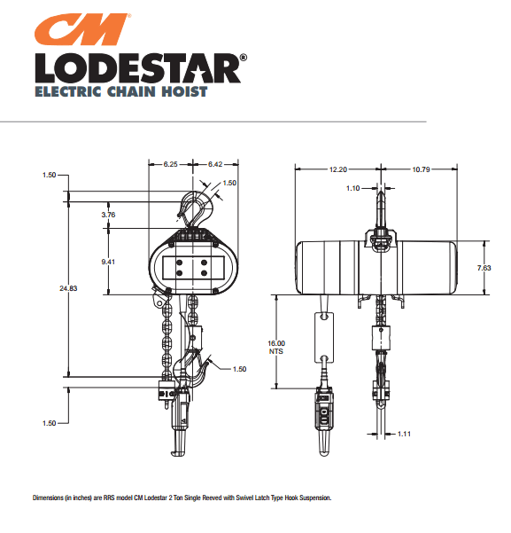 CM Lodestar Single Reeved Hoist 2 Ton 10' Lift 230/460V Model RRS International Air